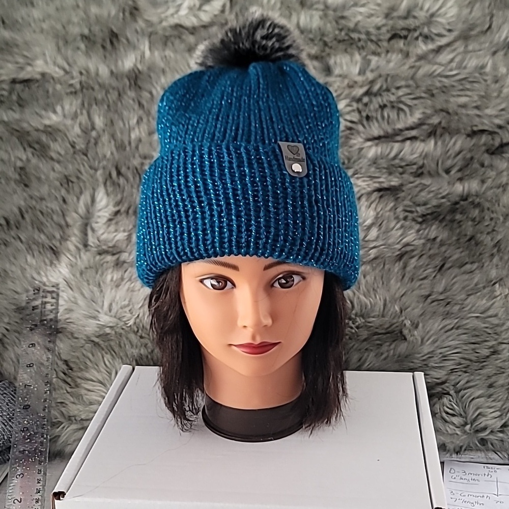 Blue Knit Beanie with Pom Pom